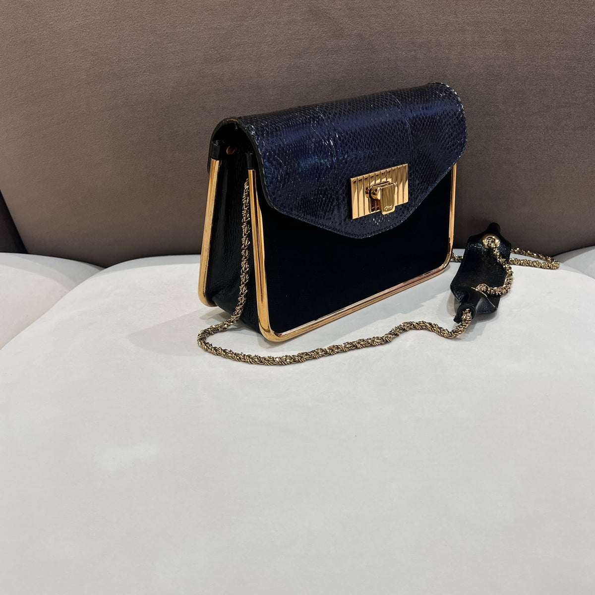 Chloe Sally Dark Purple Python and Black Shoulder Bag — side angle