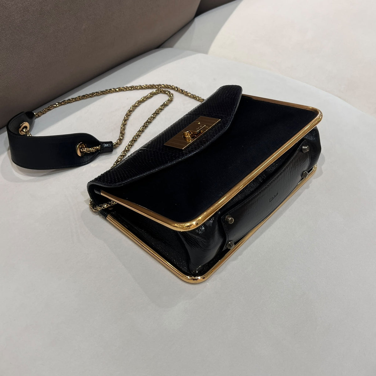 Chloe Sally Dark Purple Python and Black Shoulder Bag — base corner