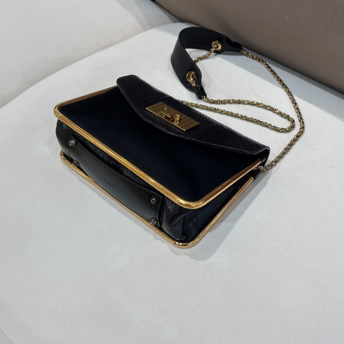 Chloe Sally Dark Purple Python and Black Shoulder Bag — opposite base corner