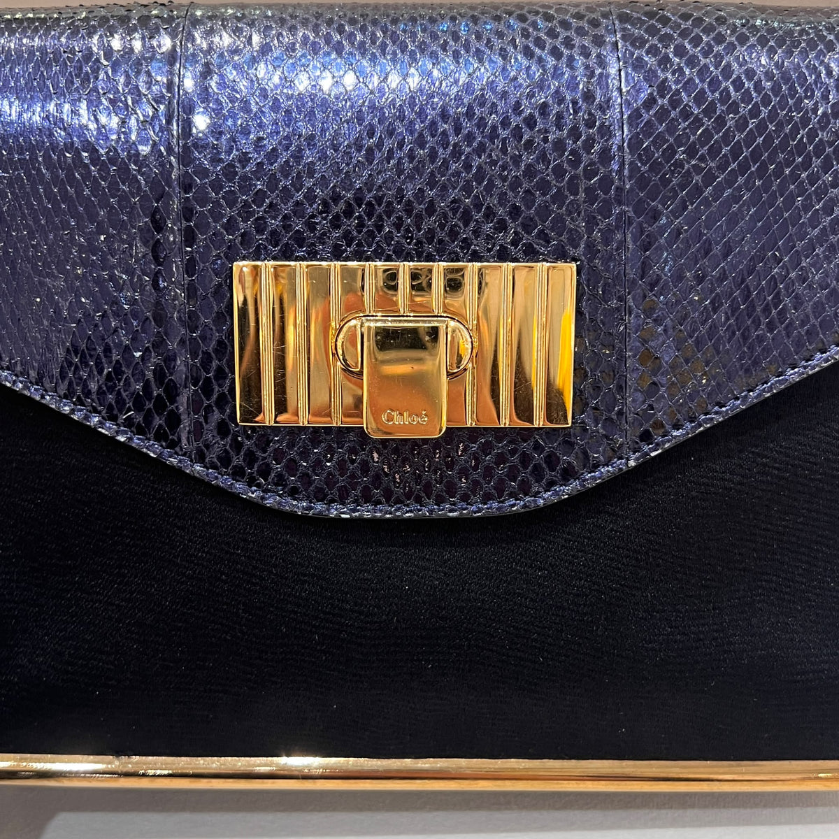 Chloe Sally Dark Purple Python and Black Shoulder Bag — python flap and clasp