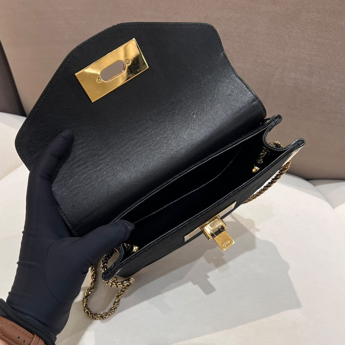 Chloe Sally Dark Purple Python and Black Shoulder Bag — open interior