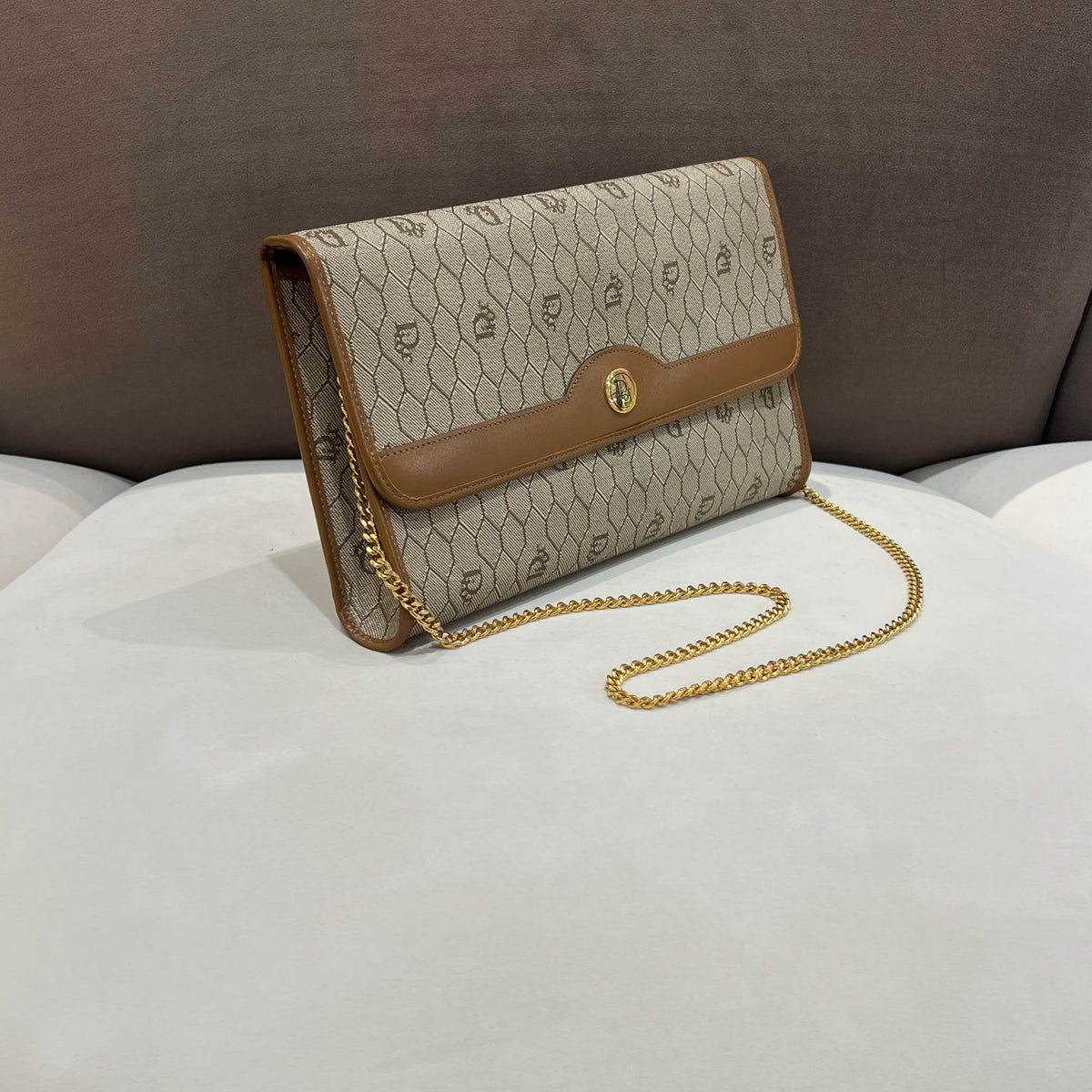 Christian Dior Beige Honeycomb Chain Shoulder Bag — side angle