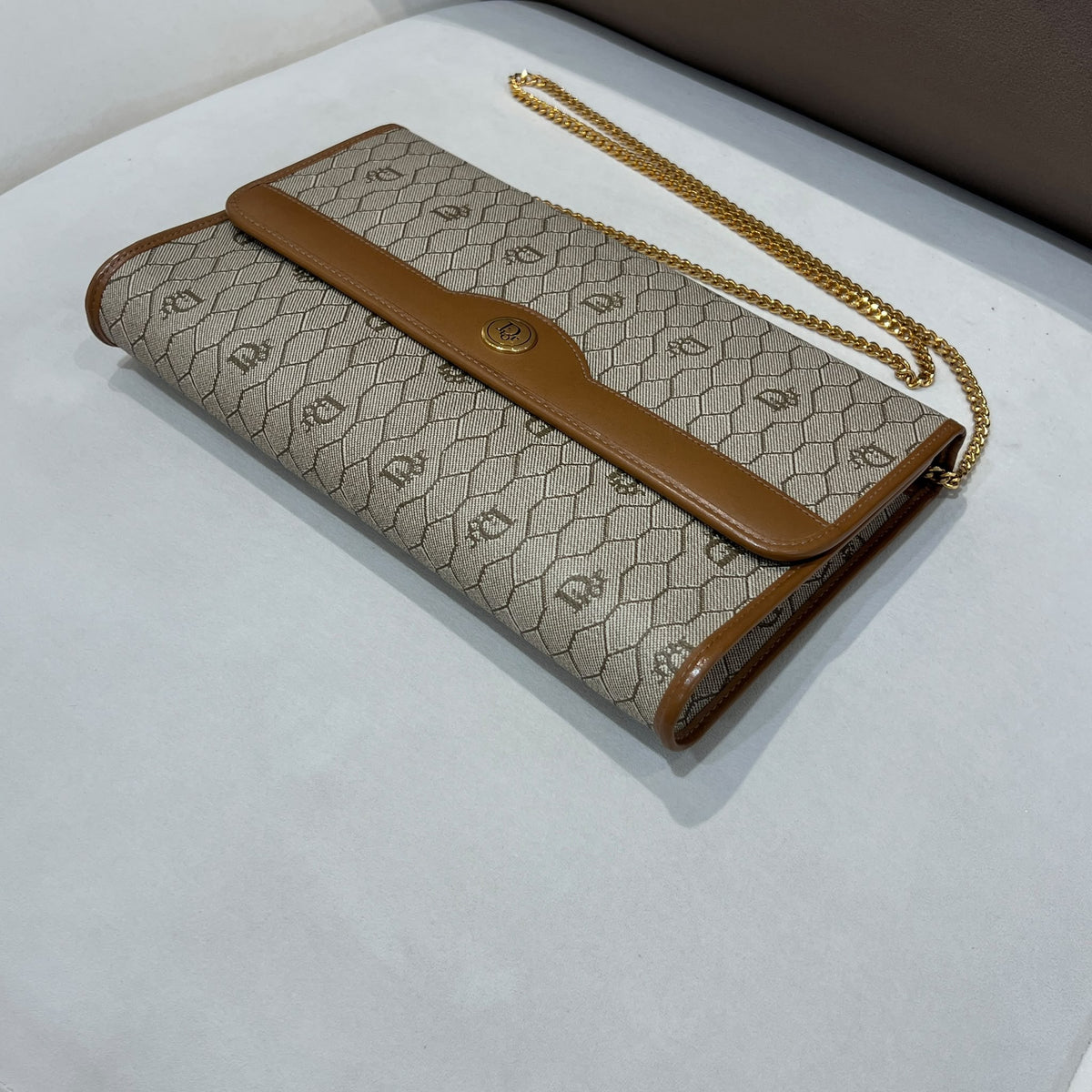 Christian Dior Beige Honeycomb Chain Shoulder Bag — opposite base corner
