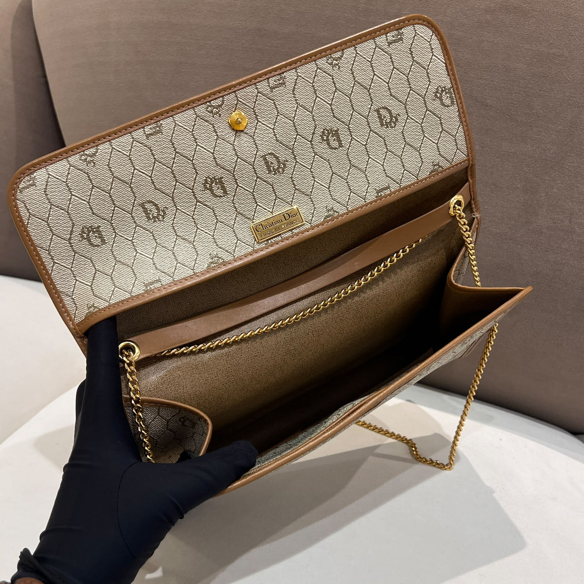 Christian Dior Beige Honeycomb Chain Shoulder Bag — open interior