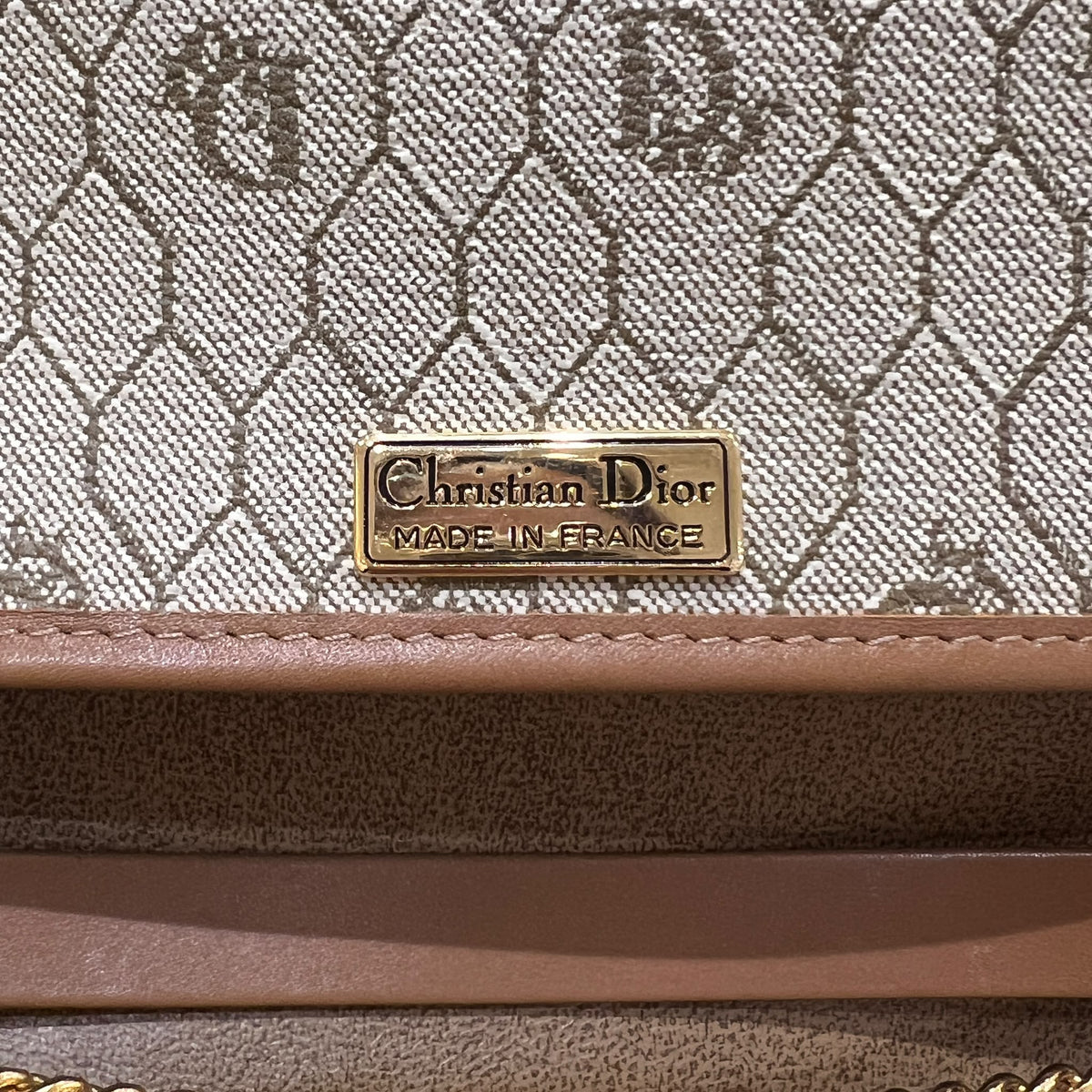 Christian Dior Beige Honeycomb Chain Shoulder Bag — interior brand plaque