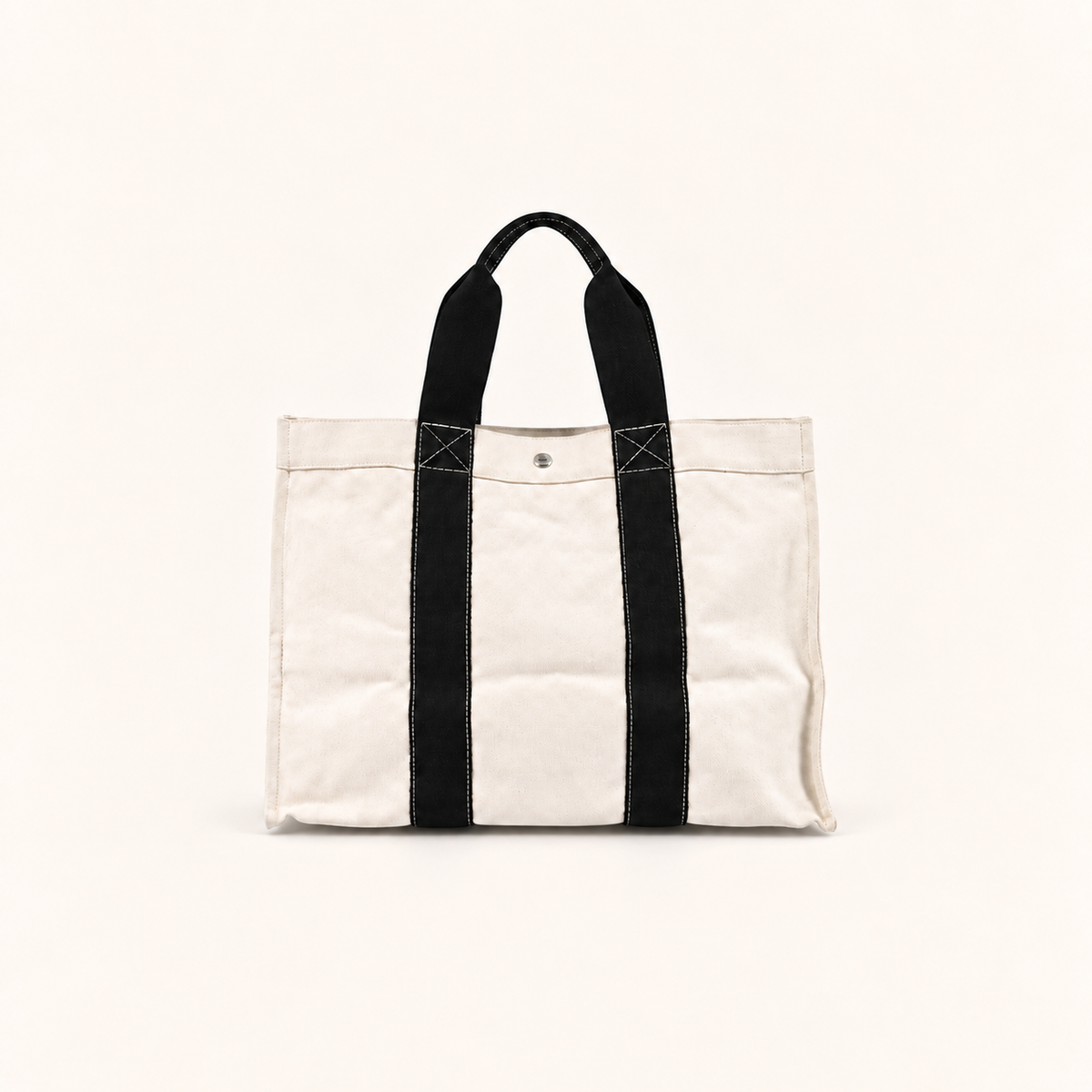Hermes Bora Bora GM Ivory Canvas Tote Bag with Black Handles, front view