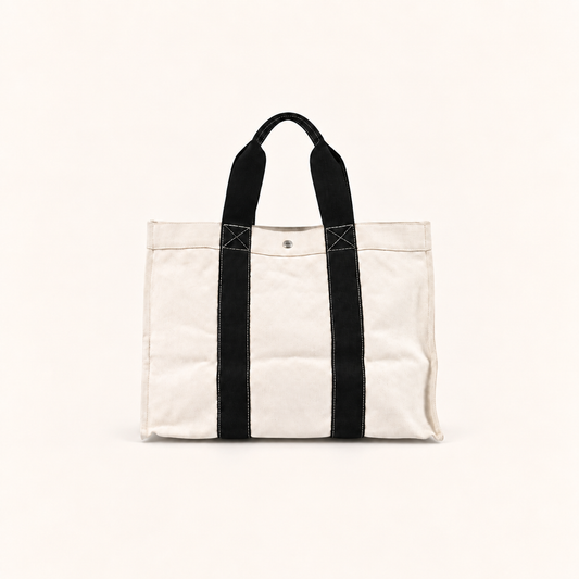 Hermes Bora Bora GM Ivory Canvas Tote Bag with Black Handles, front view