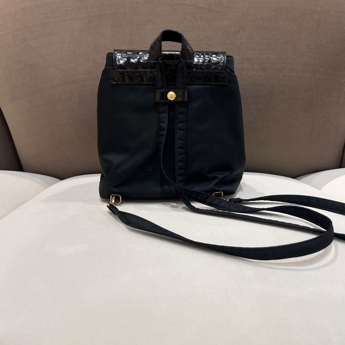 Versace Black Medusa Backpack with Croc-Effect Flap - back view and shoulder straps