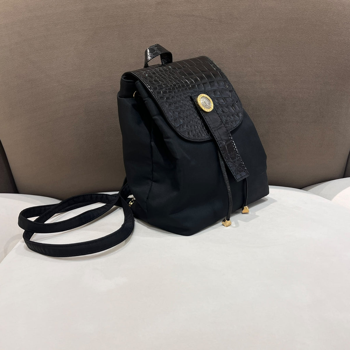 Versace Black Medusa Backpack with Croc-Effect Flap - side view