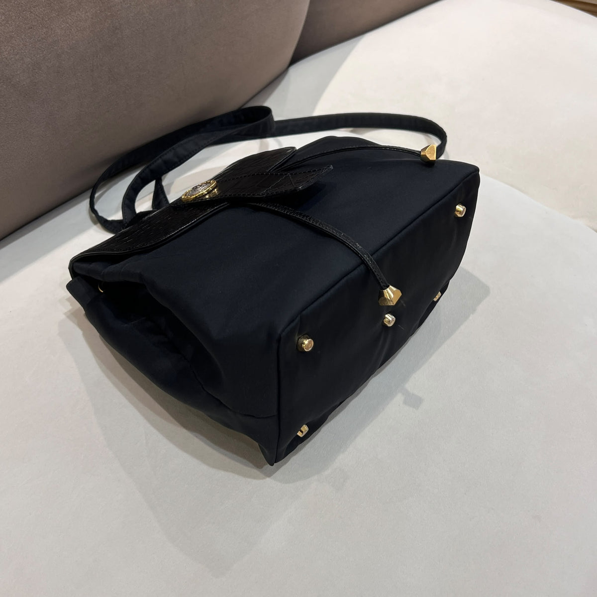 Versace Black Medusa Backpack with Croc-Effect Flap - base corner detail