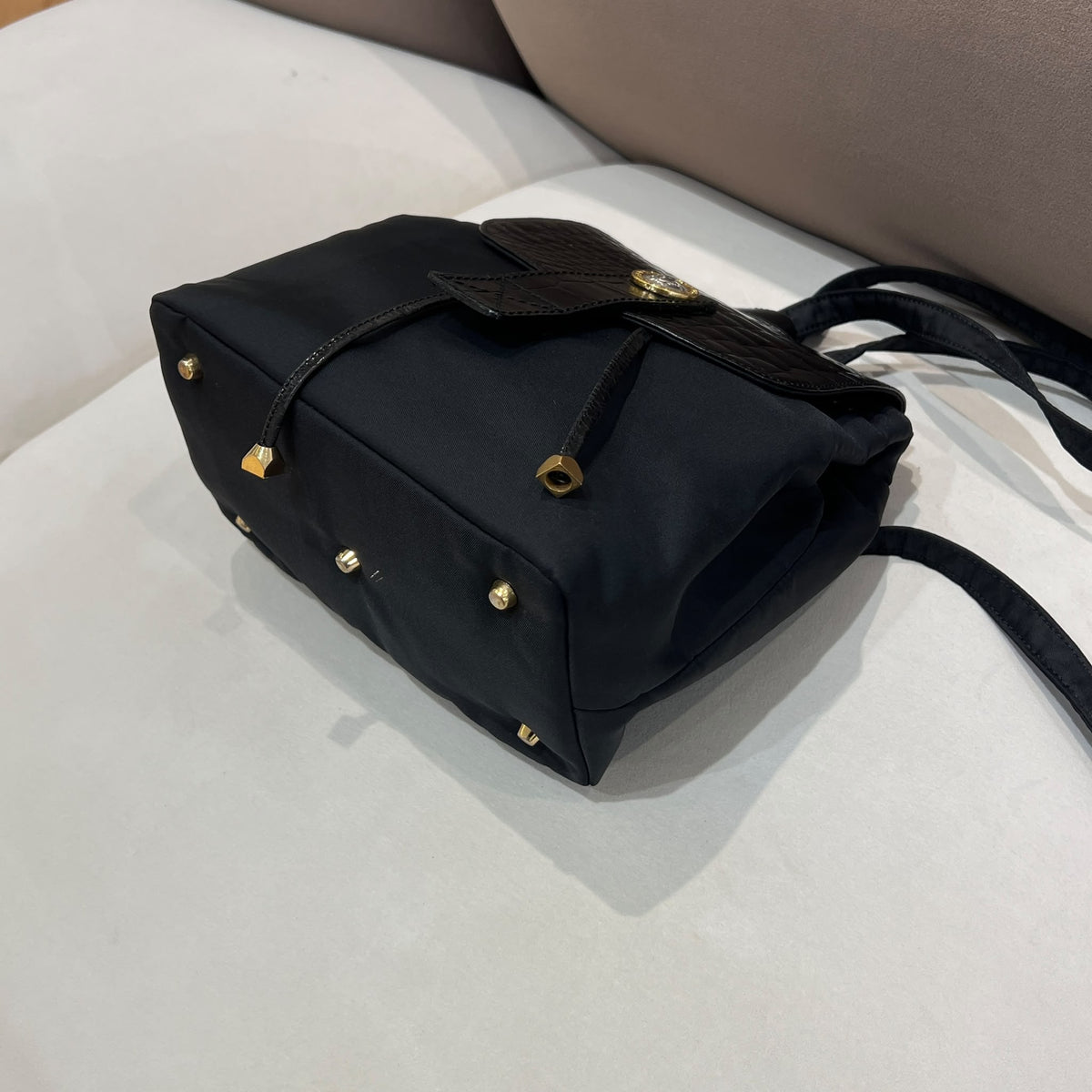 Versace Black Medusa Backpack with Croc-Effect Flap - opposite base corner detail