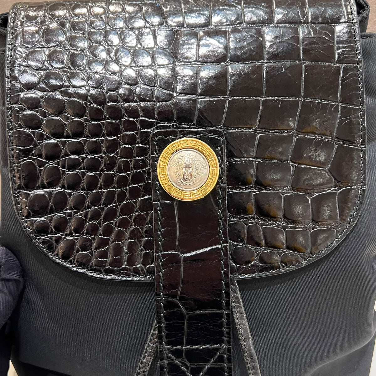 Versace Black Medusa Backpack with Croc-Effect Flap - Medusa medallion and flap detail
