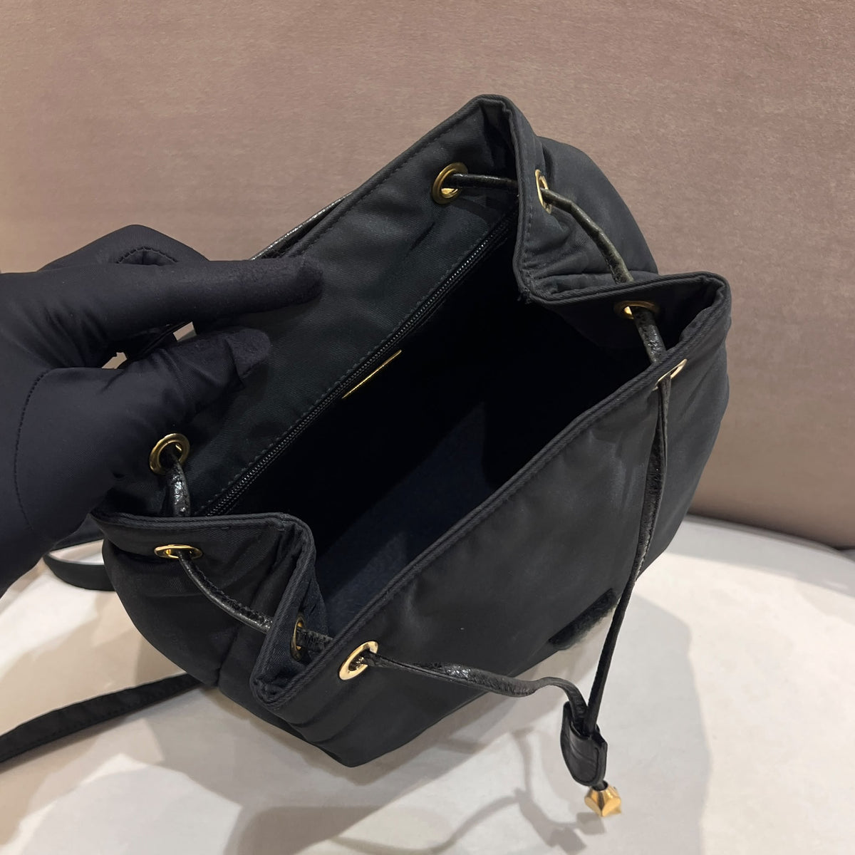 Versace Black Medusa Backpack with Croc-Effect Flap - open drawstring and interior