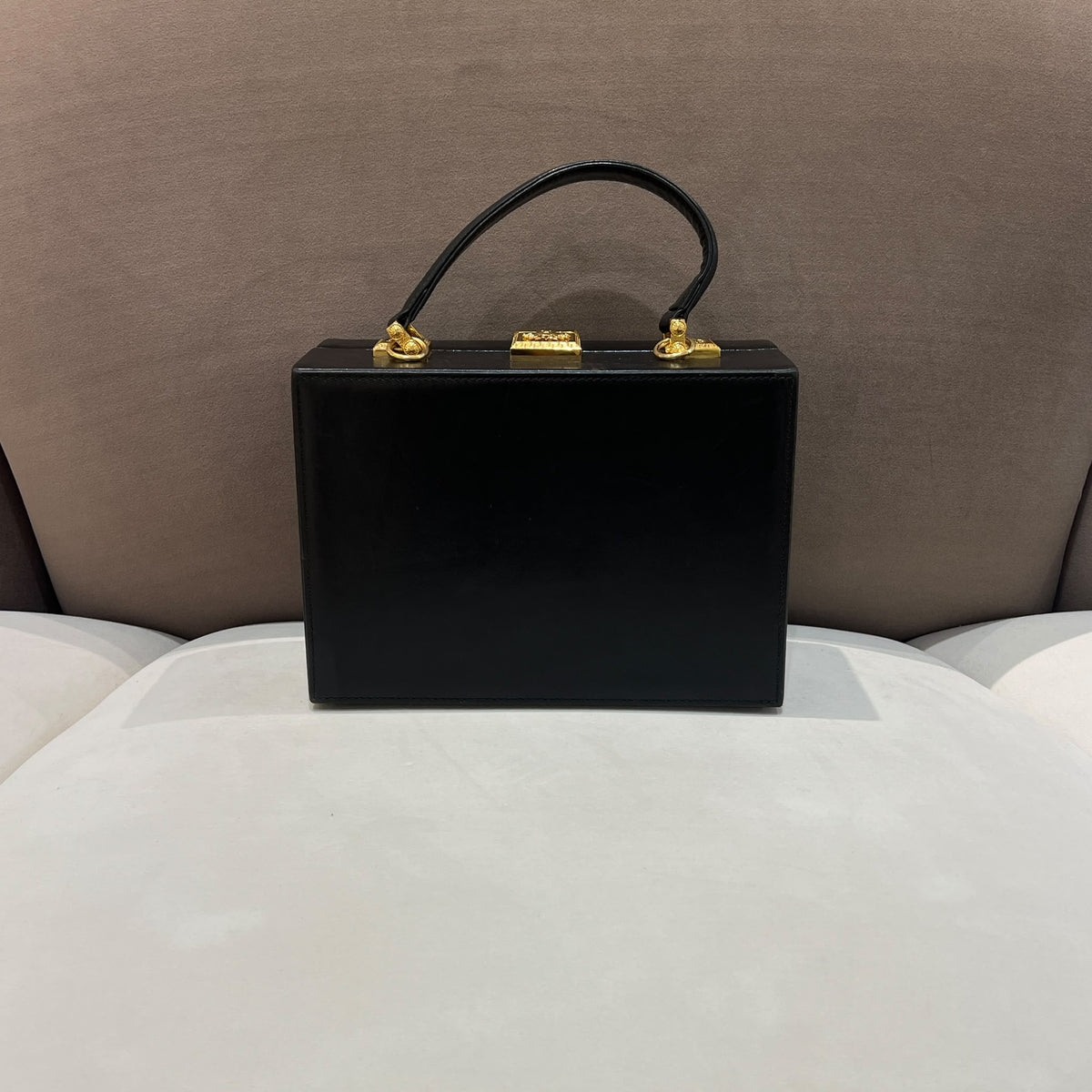Versace Black Vanity Box Handbag with Gold-Tone Sunburst — back