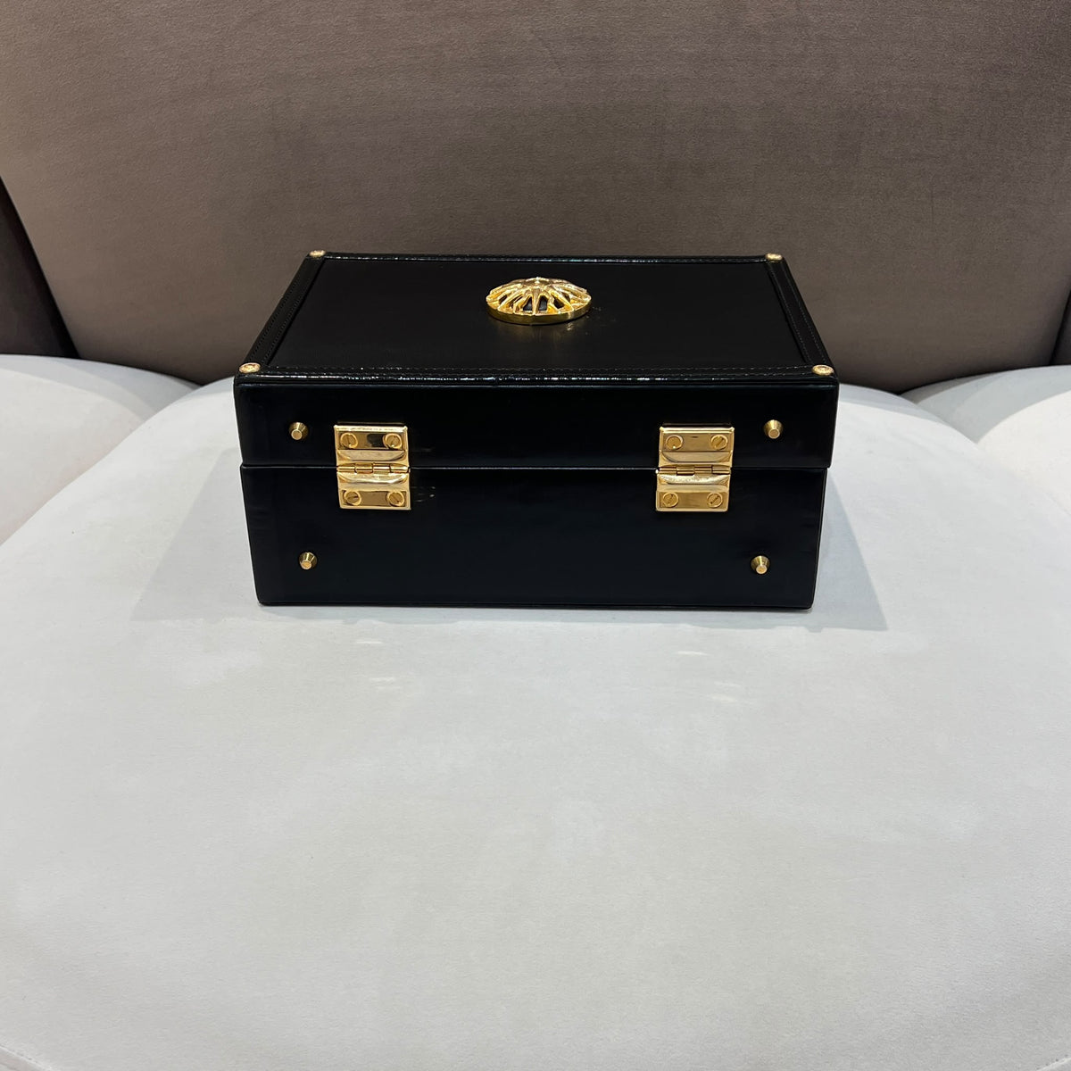 Versace Black Vanity Box Handbag with Gold-Tone Sunburst — base