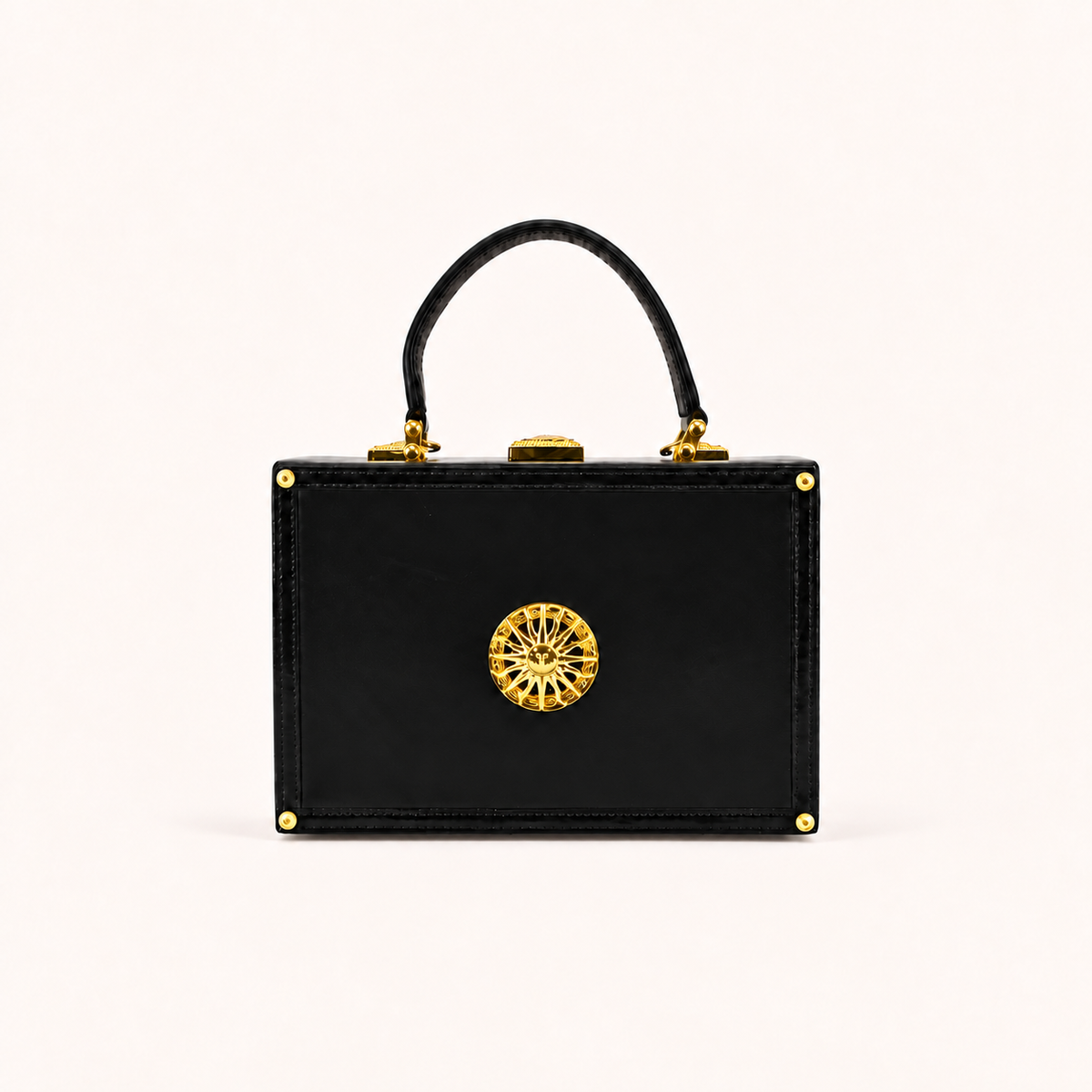Versace Black Vanity Box Handbag with Gold-Tone Sunburst, front view