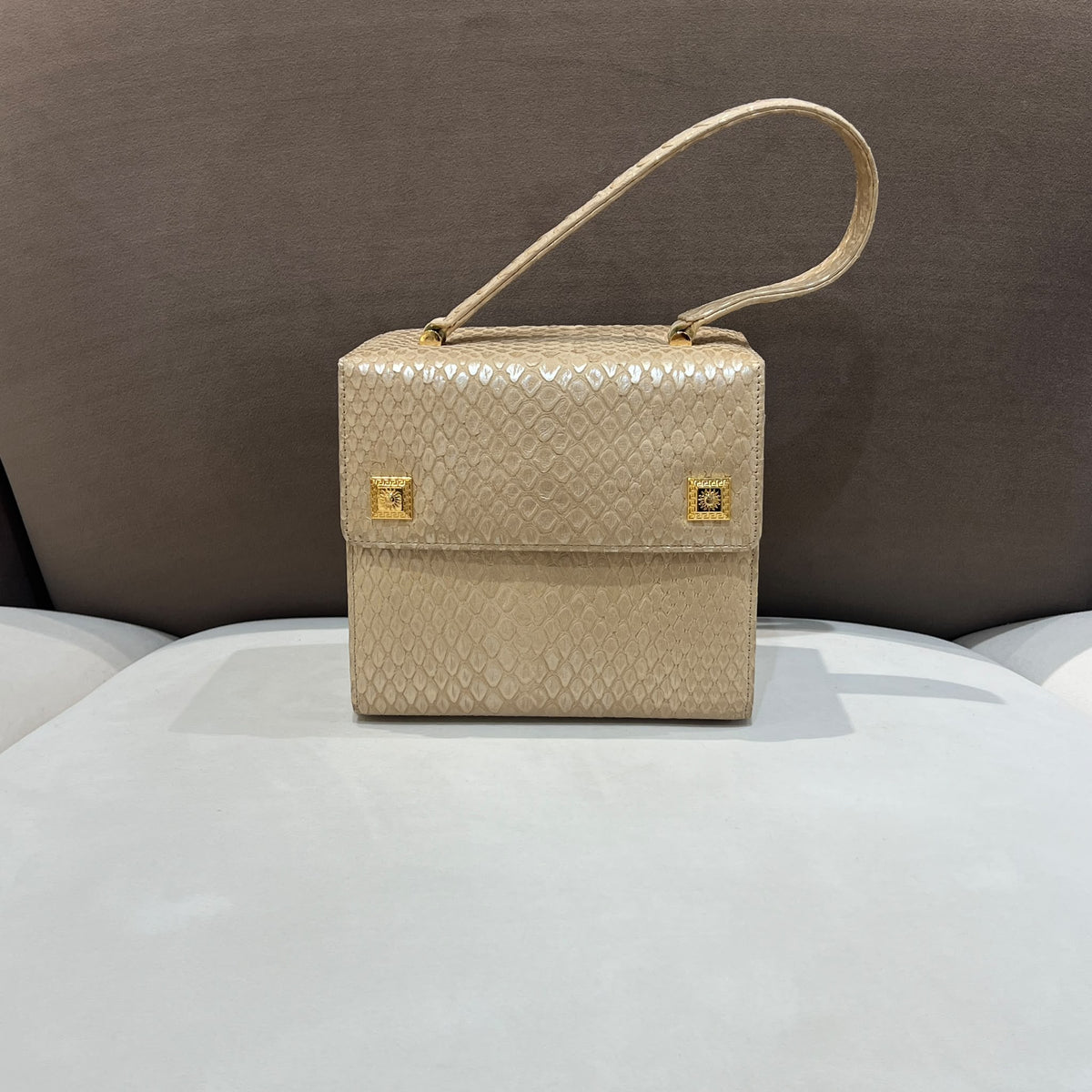 Versace Ivory Vanity Python Handbag with Gold-Tone Details — front