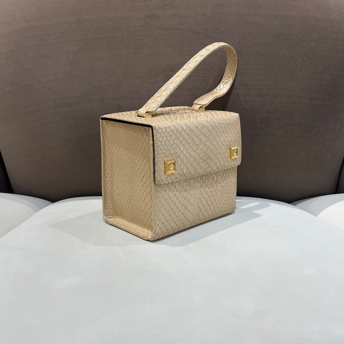 Versace Ivory Vanity Python Handbag with Gold-Tone Details — side angle