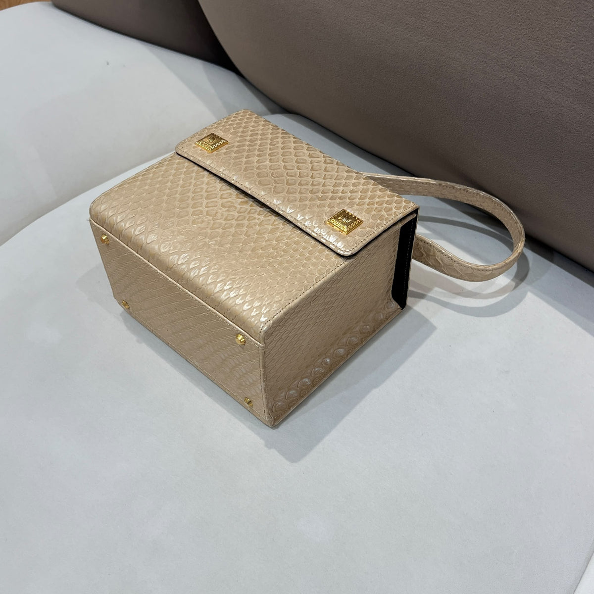 Versace Ivory Vanity Python Handbag with Gold-Tone Details — opposite base corner