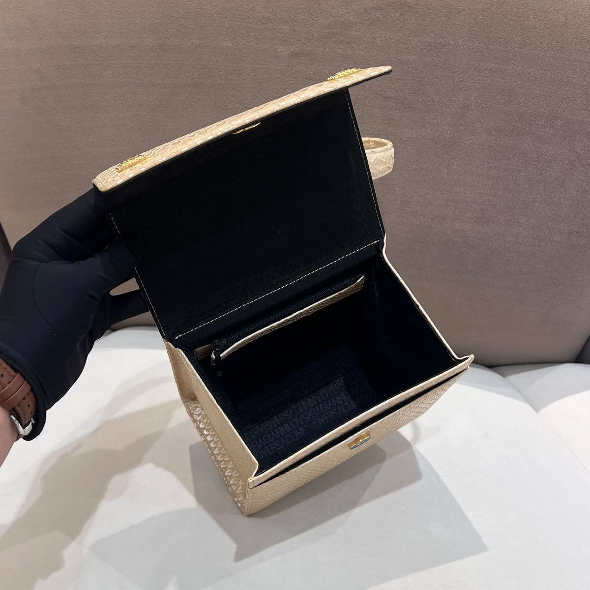 Versace Ivory Vanity Python Handbag with Gold-Tone Details — open interior