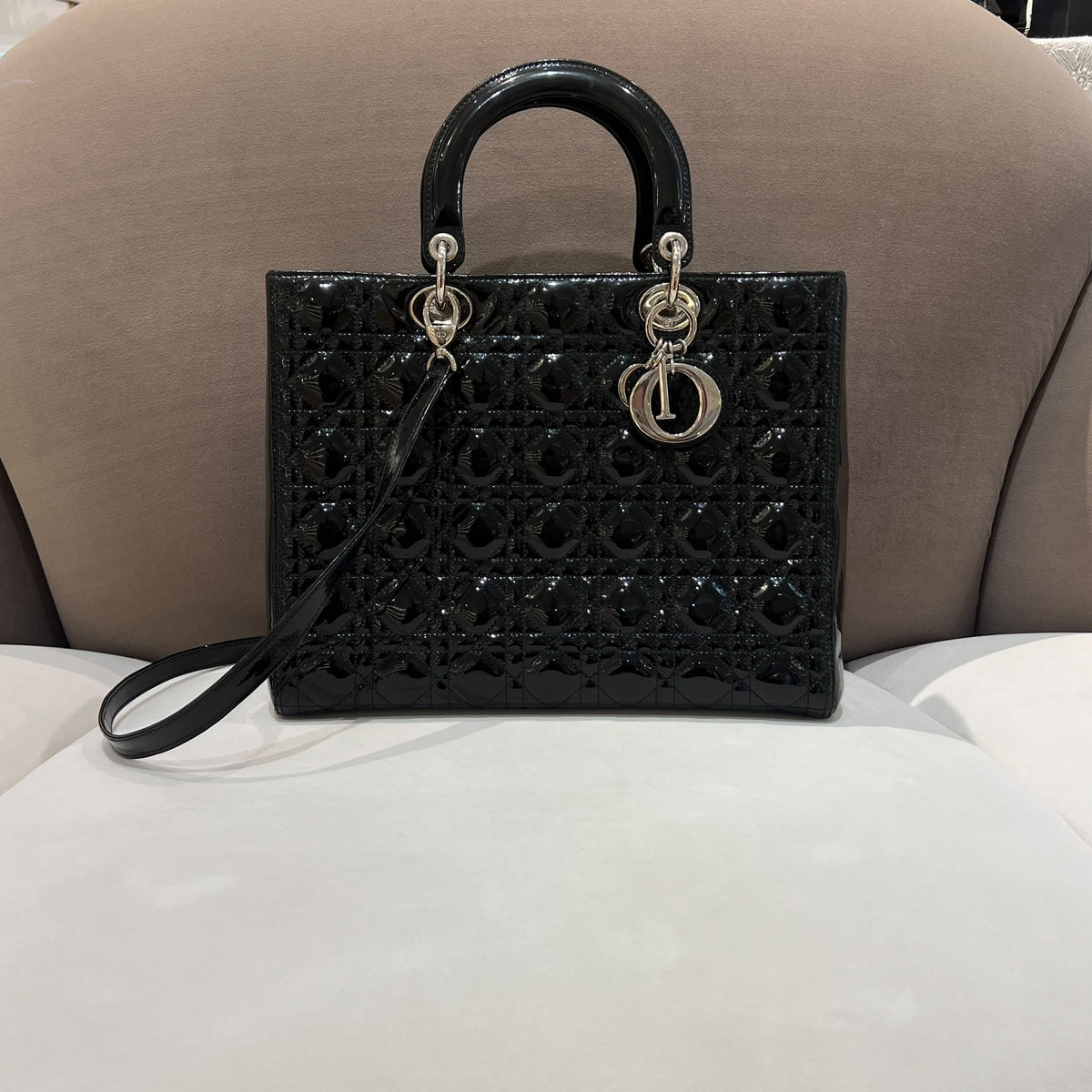 Christian Dior Lady Dior Black Cannage Large Bag - front view with shoulder strap