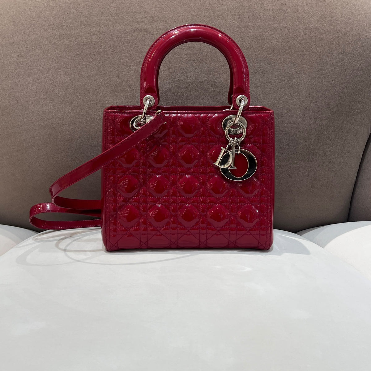 Christian Dior Lady Dior Red Cannage Small Bag - front view with shoulder strap