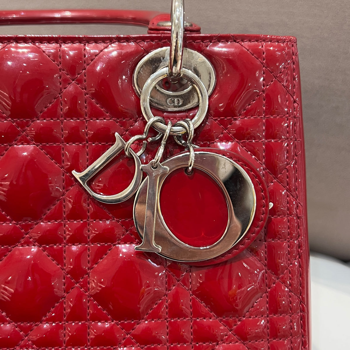 Christian Dior Lady Dior Red Cannage Small Bag - Dior charm detail