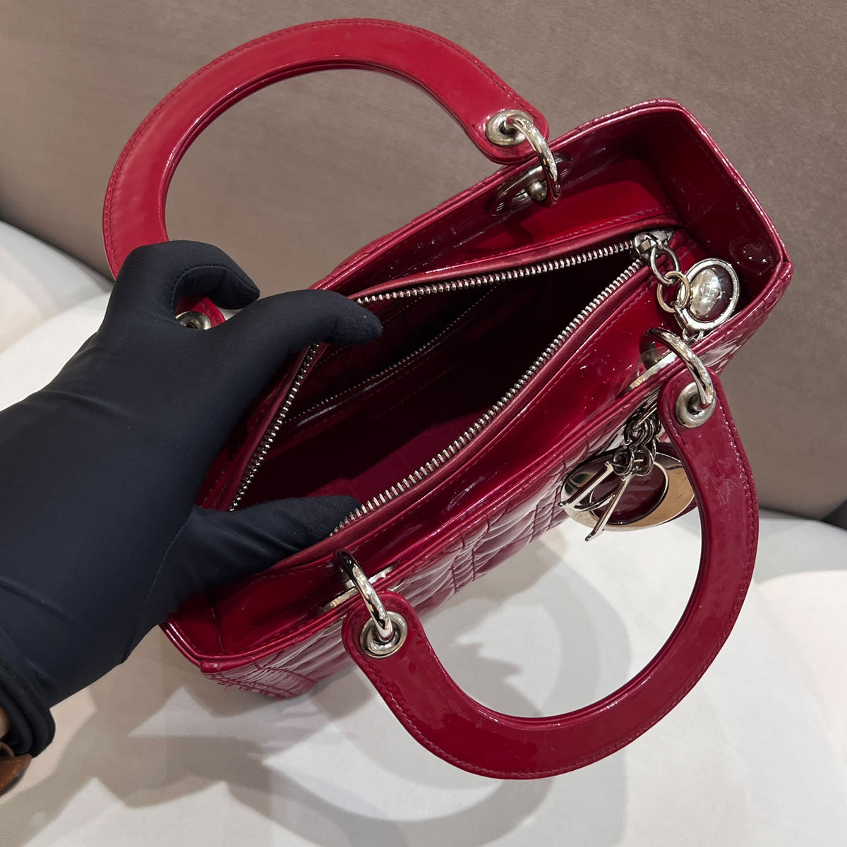 Christian Dior Lady Dior Red Cannage Small Bag - interior and zipper opening
