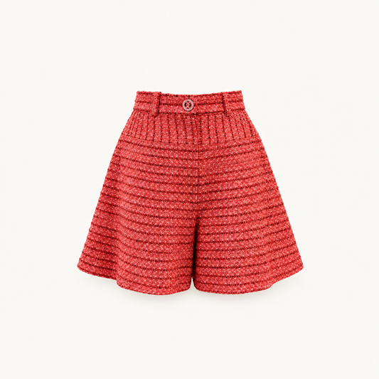 Chanel Vintage Unused Red Twill Woven High-Waisted Shorts with Rhinestone Buttons — front view on warm off-white background