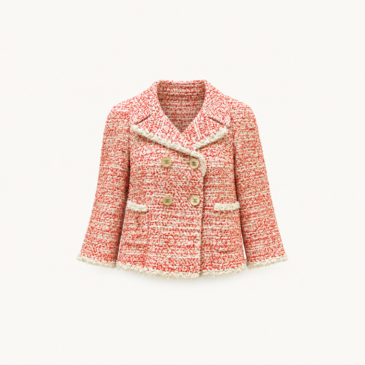 Chanel Vintage Unused Saint-Tropez Collection Red Pink Tweed Knit Jacket — front view on warm off-white background