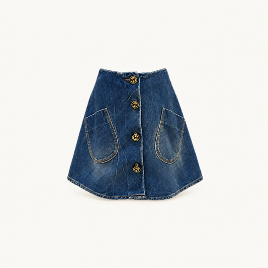 Gucci Vintage Blue Denim Skirt — front view on warm off-white background