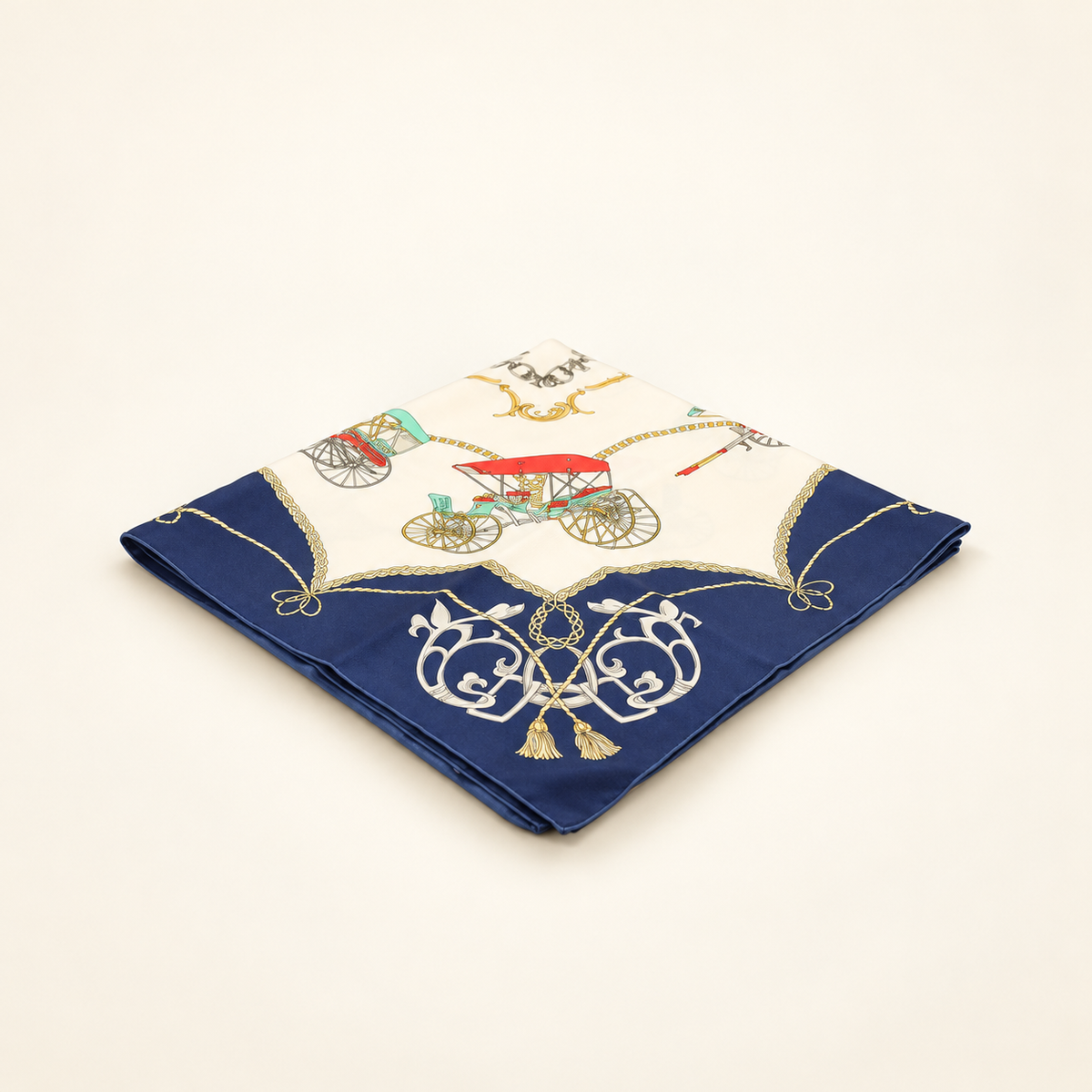 Celine Navy Equestrian Print Silk Scarf, 86cm — front view on an ivory background