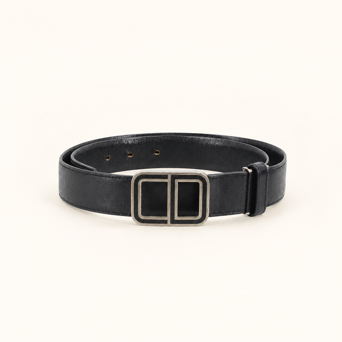 Christian Dior Navy Leather CD Buckle Belt — front view on an ivory background