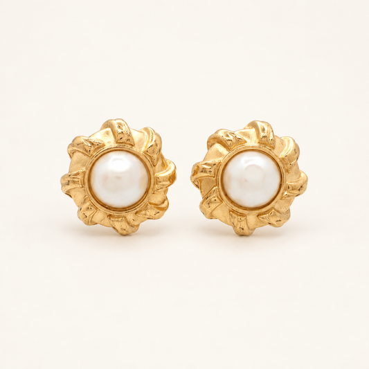 Givenchy Gold-Tone Faux Pearl Floral Clip-On Earrings — front view on an ivory background