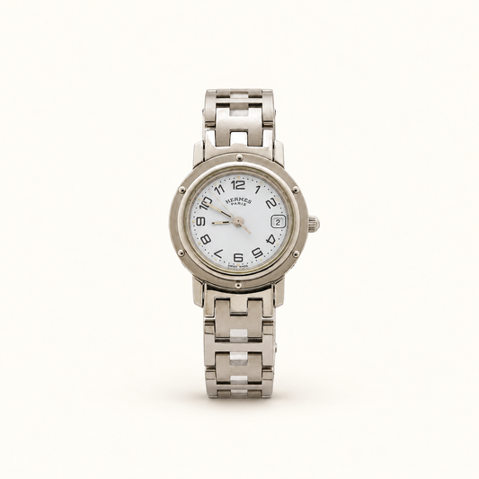 Hermès Clipper White Dial Silver-Tone Quartz Ladies Watch — front view on an ivory background