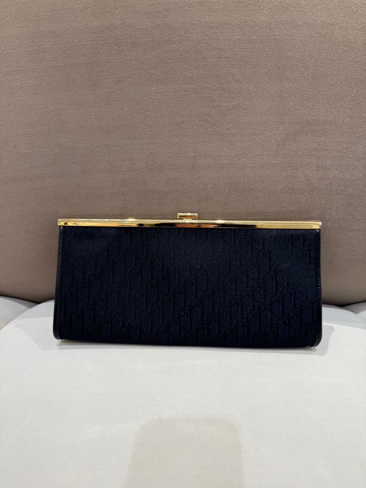 Christian Dior Vintage Trotter Logo Black Canvas Gold Clasp Clutch Bag