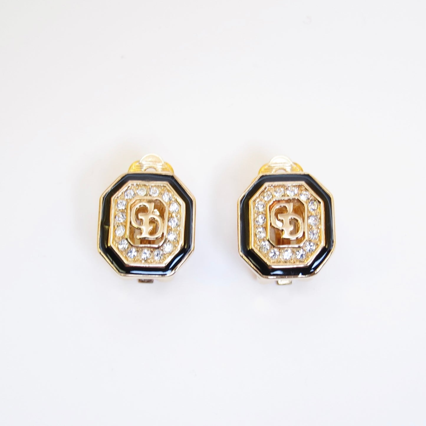 Christian Dior Vintage CD Logo in Octagon Black and Rhinestone Golden Clip-on Earrings