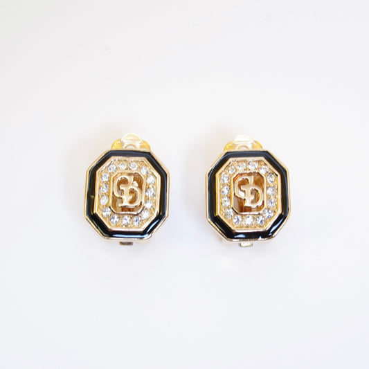 Christian Dior Vintage CD Logo in Octagon Black and Rhinestone Golden Clip-on Earrings
