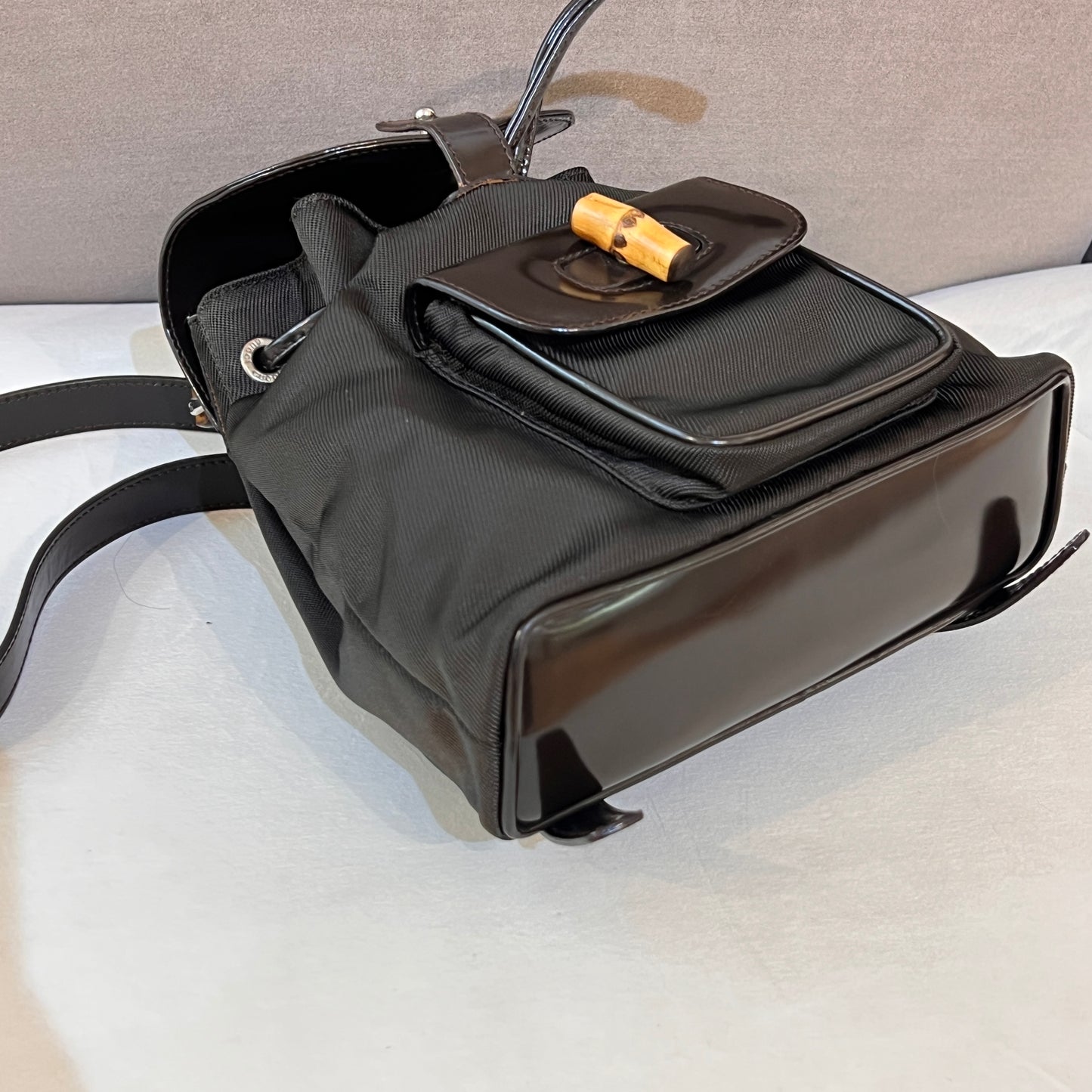 Gucci Vintage Bamboo Nylon Black Leather Trim Backpack
