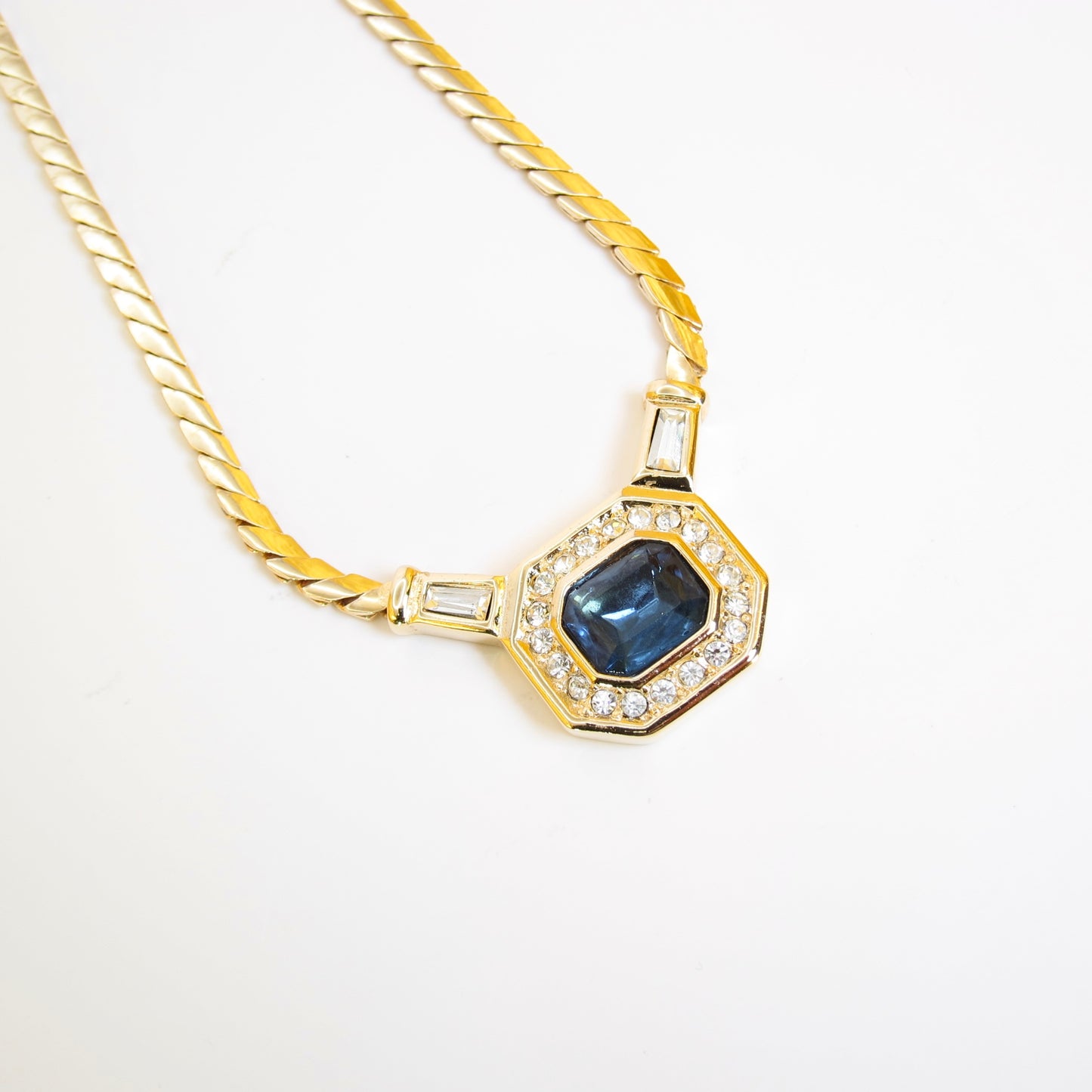 Christian Dior Vintage Octagon Blue Stone and Rhinestone Golden Necklace