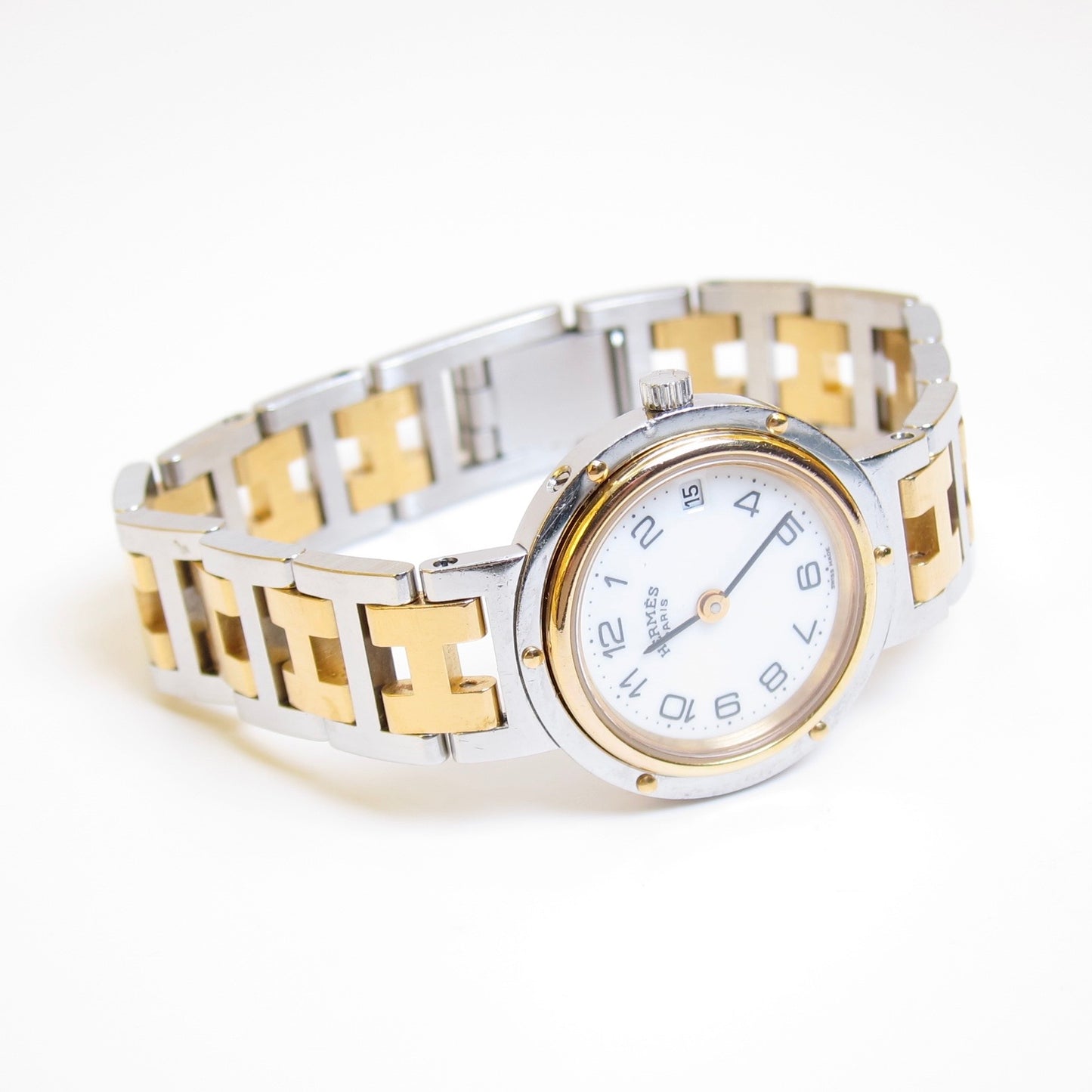 Hermes Vintage Clipper White Dial with Date and H Bracelet Two Tone Watch