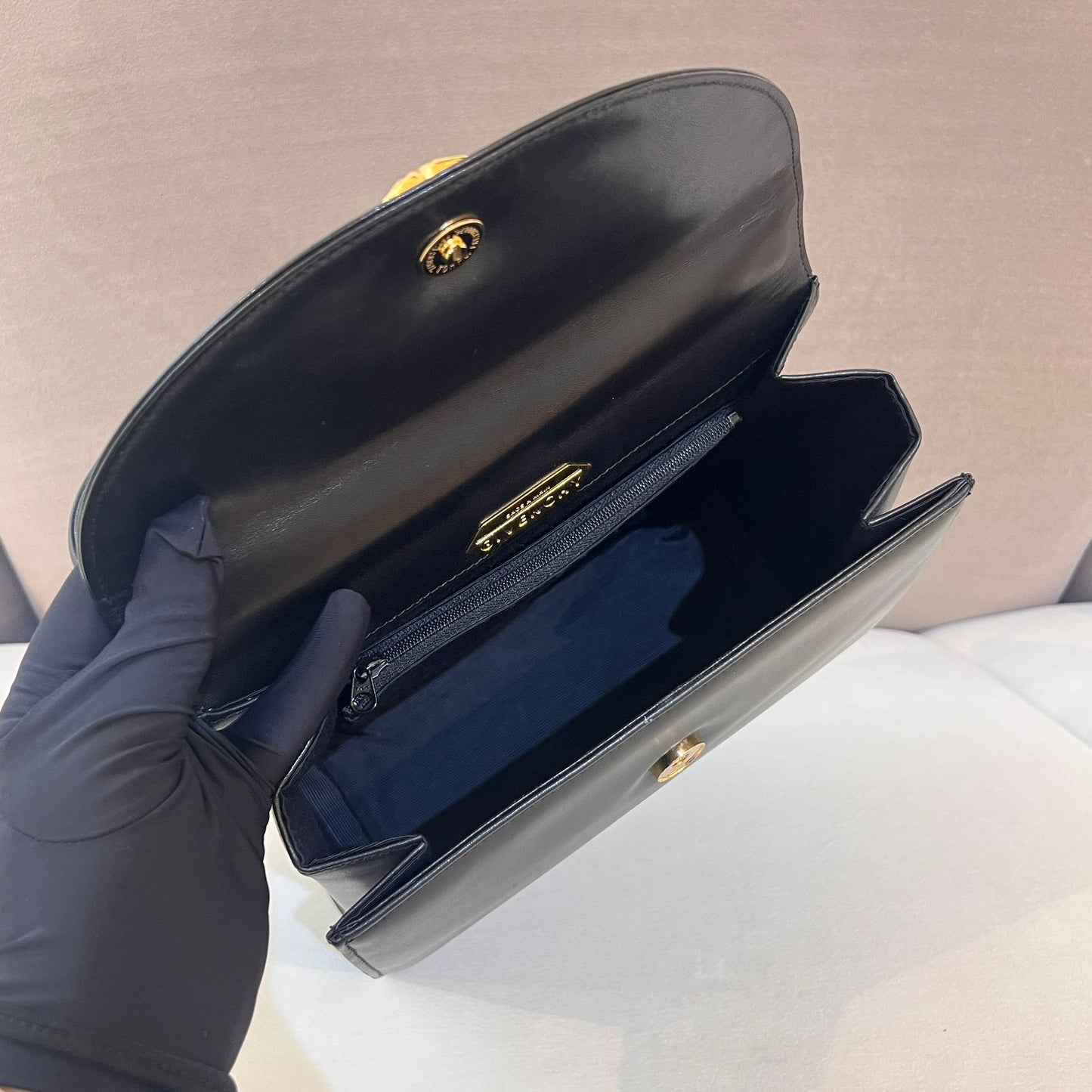 Givenchy Vintage Black Leather Gold Emblem Top Handle Bag