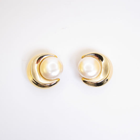 Givenchy Vintage Crescent Moon Pearl Gloden Clip-on Earrings