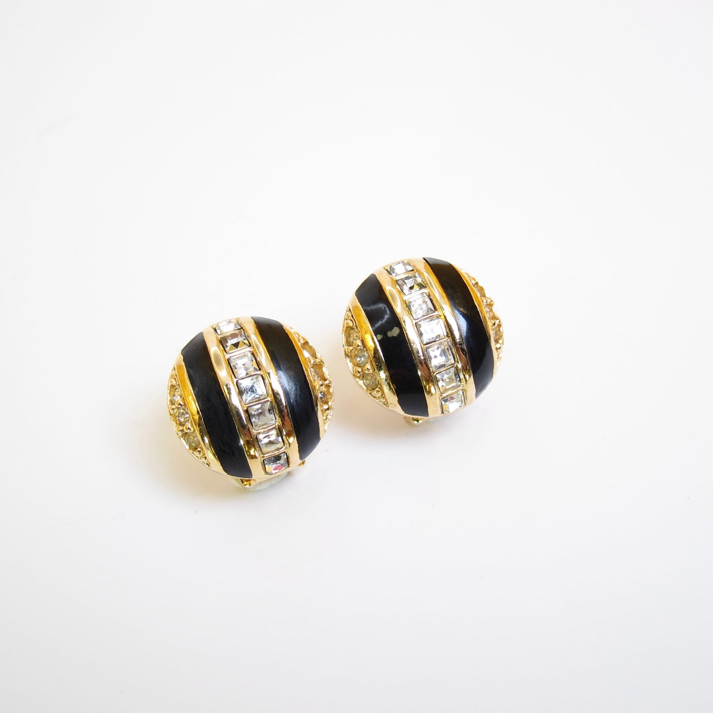 Christian Dior Vintage Round Shape Rhinestone and Black Golden Clip-on Earrings