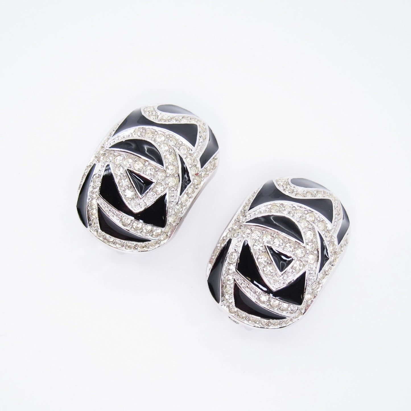 Christian Dior Vintage Black and Rhinestone Silver Clip-on Earrings