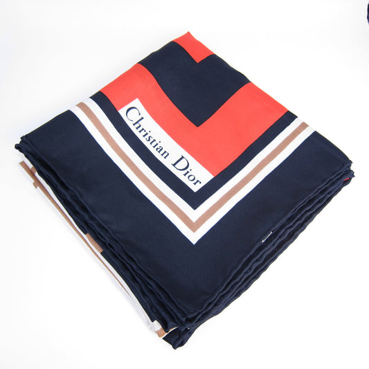 Christian Dior Vintage Navy and Red Geometric Striped Silk Square Scarf