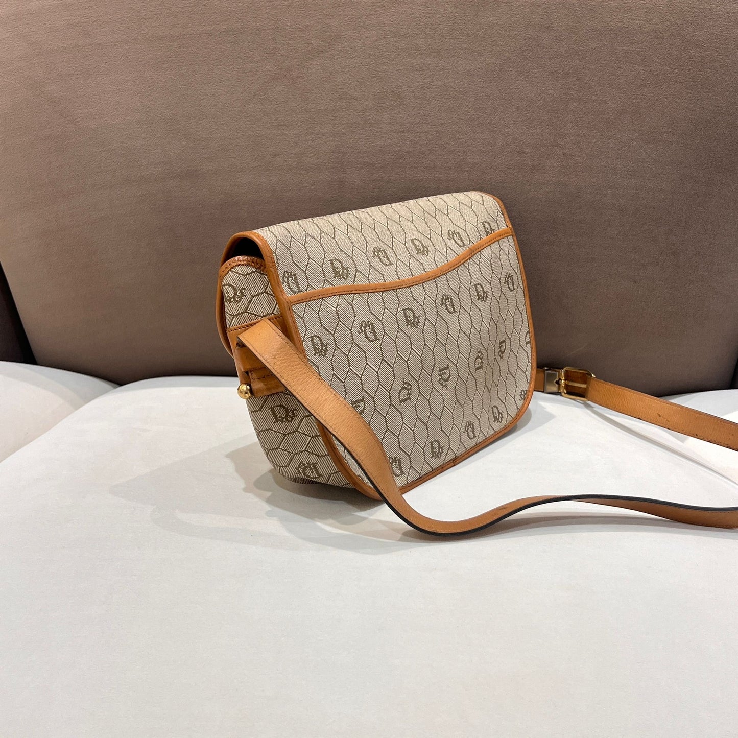 Christian Dior Vintage Honeycomb Monogram Canvas Beige Crossbody Shoulder Bag
