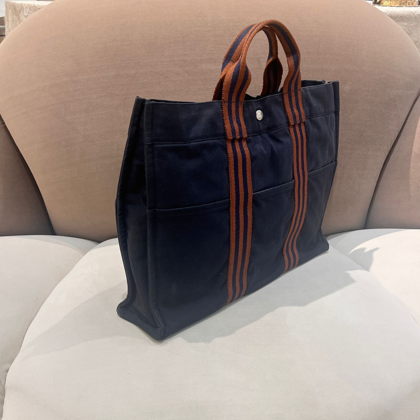 Hermès Vintage Fourre Tout Mm Navy Canvas Stripe Tote Bag