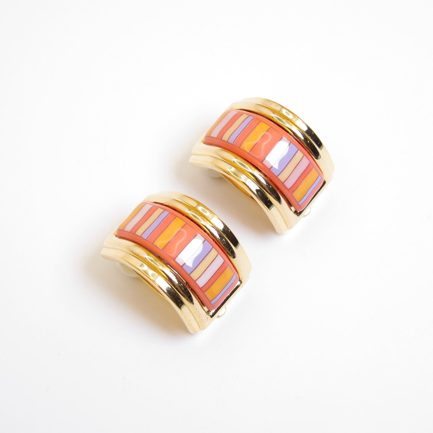 Hermes Vintage Multicolor Striped Cloisonné Enamel Golden Clip-on Earrings