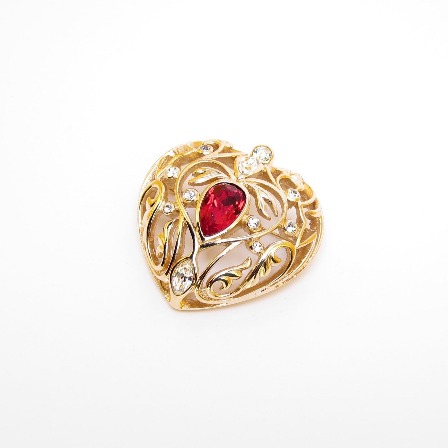 Christian Dior Vintage Heart with Red Stone and Rhinestone Golden Brooch